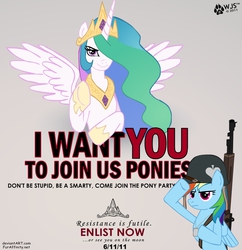 Size: 999x1031 | Tagged: safe, artist:wolfjedisamuel, princess celestia, rainbow dash, g4, gun, join the herd, propaganda