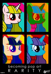 Size: 680x980 | Tagged: safe, artist:wolfjedisamuel, rarity, pony, unicorn, g4, abstract background, bust, female, mare, modern art, pop art, portrait, recolor, solo, text