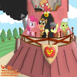 Size: 2048x2048 | Tagged: safe, artist:altycoggydeer, apple bloom, applejack, g4, my little pony: friendship is magic, pinkie apple pie, communism, dieselpunk, horseshoes, russia, russian, soviet, stalliongrad, steampunk