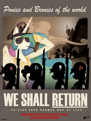 Size: 1429x1896 | Tagged: safe, artist:wolfjedisamuel, applejack, pinkie pie, princess celestia, rainbow dash, twilight sparkle, g4, bayonet, gun, military, palindrome get, propaganda, rifle