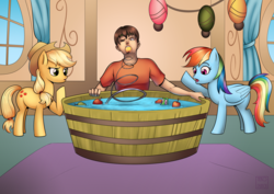 Size: 4092x2893 | Tagged: safe, artist:xd-385, applejack, gummy, rainbow dash, earth pony, human, pegasus, fanfic:the lost element, g4, apple, apple bobbing, bandage, fanfic art, party, prank, spring, sugarcube corner, trick, tub, water, window