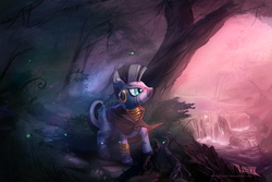 Size: 1350x900 | Tagged: safe, artist:vest, zecora, firefly (insect), zebra, g4, cloak, clothes, female, forest, nature, river, scenery, solo, water