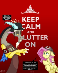 Size: 1461x1827 | Tagged: safe, artist:wolfjedisamuel, discord, fluttershy, g4, armband, helmet, keep calm and carry on, military, poster, propaganda, stahlhelm