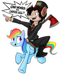 Size: 1594x1933 | Tagged: safe, artist:wolfjedisamuel, rainbow dash, oc, pegasus, pony, g4, axe, female, furry, mad (tv series), mad hatter, mad magazine, mare, rainbow dash and bernstein, riding, saddle, simple background, transparent background