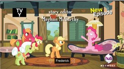 Size: 768x427 | Tagged: safe, screencap, apple bloom, applejack, pinkie pie, g4, pinkie apple pie, meme, youtube caption