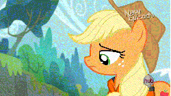 Size: 520x292 | Tagged: safe, edit, edited screencap, screencap, applejack, pinkie pie, earth pony, pony, g4, pinkie apple pie, animated, caption, duo, female, freckles, hat, hub logo, kiss edit, kiss on the lips, kissing, lesbian, looking at each other, mare, ship:applepie, shipping, surprise kiss