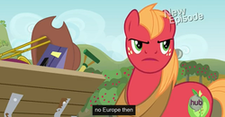 Size: 1600x830 | Tagged: safe, screencap, big macintosh, earth pony, pony, g4, pinkie apple pie, europe, hub logo, male, meme, solo, stallion, youtube caption