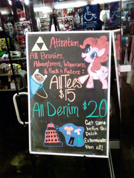 Size: 1200x1600 | Tagged: safe, pinkie pie, g4, adventure time, dalek, doctor who, finn the human, hot topic, male, sign