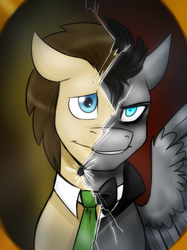 Size: 400x534 | Tagged: safe, artist:jitterbugjive, doctor whooves, time turner, earth pony, pegasus, pony, ask discorded whooves, g4, bowtie, cracked glass, discord whooves, discorded, discorded whooves, doctor who, duality, necktie, solo, the doctor