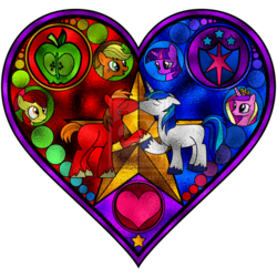 Size: 900x900 | Tagged: safe, artist:earthstar01, apple bloom, applejack, big macintosh, princess cadance, shining armor, twilight sparkle, earth pony, pony, g4, gay, heart, kissing, love, male, ship:shiningmac, shipping, stained glass, stallion