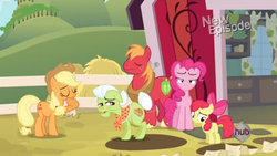 Size: 1023x575 | Tagged: safe, screencap, apple bloom, applejack, big macintosh, granny smith, pinkie pie, earth pony, pony, g4, my little pony: friendship is magic, pinkie apple pie, male, stallion