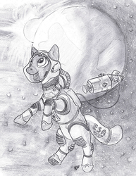 Size: 924x1200 | Tagged: safe, artist:dombrus, oc, oc only, alicorn, pony, astronaut, floating, monochrome, solo, space, spacesuit, traditional art, zero gravity