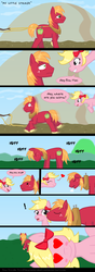 Size: 785x2222 | Tagged: safe, artist:taco-bandit, big macintosh, oc, oc:cherry twist, earth pony, pony, g4, canon x oc, comic, kissing, male, stallion, straight