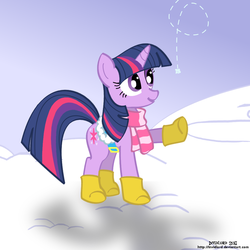 Size: 1000x1000 | Tagged: safe, artist:invidlord, twilight sparkle, pony, unicorn, g4, winter wrap up, boots, clothes, female, mare, raised hoof, saddle, scarf, snow, snowfall, solo, unicorn twilight, winter outfit