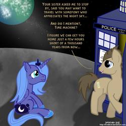 Size: 1000x1000 | Tagged: safe, artist:invidlord, doctor whooves, princess luna, time turner, g4, doctor who, good end, moon, s1 luna, tardis