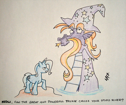 Size: 597x500 | Tagged: safe, artist:amehdaus, steven magnet, trixie, g4, traditional art, trixie's cape, trixie's hat