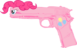 Size: 676x429 | Tagged: safe, artist:amehdaus, pinkie pie, g4, female, gun, m1911, pistol, pun, simple background, solo, species swap, transparent background, visual pun