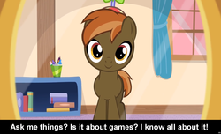 Size: 1600x973 | Tagged: safe, button mash, earth pony, pony, comic:celestia's servant interview, g4, caption, colt, cs captions, foal, interview, male, meta, solo