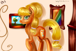 Size: 3000x2000 | Tagged: safe, artist:budgieflitter, applejack, g4, alternate hairstyle, alternate universe, chest fluff, female, fluffy, orangejack, painting, pose, raised hoof, shiny, solo