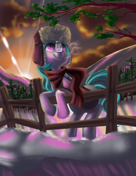 Size: 2550x3300 | Tagged: safe, artist:fauxsquared, oc, oc only, clothes, dew, hat, scarf, solo, sunrise