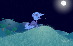 Size: 1600x1011 | Tagged: safe, artist:lunarapologist, princess luna, alicorn, pony, g4, crying, female, moon, night, s1 luna, solo, windswept mane