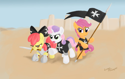 Size: 1700x1074 | Tagged: safe, artist:lunarapologist, apple bloom, scootaloo, sweetie belle, g4, armor, crusader, cutie mark crusaders, fantasy class, flag, knight, knights hospitaller, paladin, pun, sword, warrior