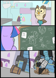 Size: 697x967 | Tagged: safe, artist:metal-kitty, owlowiscious, twilight sparkle, alicorn, pony, robot, g4, chalkboard, comic, female, mann vs machine, mare, medic, medic (tf2), team fortress 2, twilight sparkle (alicorn)