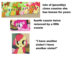 Size: 903x711 | Tagged: safe, edit, edited screencap, screencap, apple bloom, apple brown betty, apple crumble, apple mint, apple rose, apple squash, apple strudel, applejack, auntie applesauce, babs seed, braeburn, florina tart, liberty belle, pinkie pie, red june, sweet tooth, apple family reunion, g4, pinkie apple pie, apple family member, cropped, female, filly, logic, text
