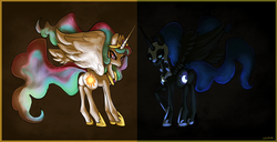 Size: 1600x818 | Tagged: safe, artist:velexane, nightmare moon, princess celestia, g4, butt, duality, plot