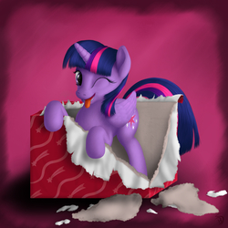 Size: 1200x1200 | Tagged: safe, artist:bluespaceling, twilight sparkle, alicorn, pony, g4, behaving like a cat, cardboard box, female, mare, present, purple background, simple background, solo, twilight sparkle (alicorn)