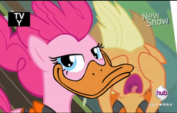 Size: 800x508 | Tagged: safe, edit, edited screencap, screencap, applejack, pinkie pie, g4, my little pony: friendship is magic, pinkie apple pie, beak, donald duck, duckface, hub logo, literal, literal duck face, screaming, tv rating, tv-y