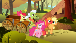 Size: 5982x3388 | Tagged: safe, artist:theshadowstone, apple bloom, applejack, big macintosh, granny smith, pinkie pie, earth pony, pony, g4, pinkie apple pie, male, scene interpretation, stallion, vector, wagon