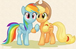 Size: 1232x801 | Tagged: safe, artist:igriega13, applejack, rainbow dash, g4, female, holding hooves, lesbian, ship:appledash, shipping