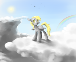 Size: 1737x1425 | Tagged: safe, artist:madcookiefighter, derpy hooves, pegasus, pony, g4, cloud, cloudy, female, mare, rainbow, solo