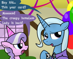 Size: 1280x1043 | Tagged: safe, artist:dazed-and-wandering, diamond tiara, trixie, earth pony, pony, unicorn, g4, balloon, duo, hat, party hat, playing card
