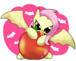 Size: 1350x1080 | Tagged: safe, artist:hoyeechun, fluttershy, bat pony, pony, bats!, g4, apple, female, flutterbat, race swap, solo