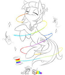 Size: 500x580 | Tagged: safe, artist:rice, coco pommel, rarity, g4, black and white, comic, female, grayscale, monochrome, mouth hold, needle, partial color, rainbow thread, soda, solo, stuck, tied up