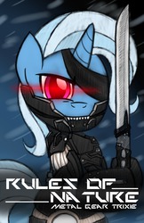 Size: 1242x1920 | Tagged: safe, artist:drawponies, trixie, cyborg, pony, unicorn, g4, female, glowing eyes, konami, mare, metal gear, parody, raiden, solo, sword