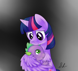 Size: 1646x1500 | Tagged: safe, artist:shiverbear, spike, twilight sparkle, alicorn, pony, g4, cute, family, female, hug, mama twilight, mare, spikelove, twilight sparkle (alicorn), winghug