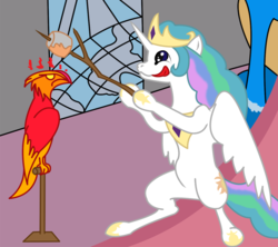 Size: 747x662 | Tagged: safe, artist:philith, philomena, princess celestia, phoenix, g4, marshmallow, mundane utility, sillestia, silly