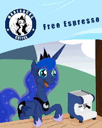 Size: 900x1125 | Tagged: safe, artist:philith, nightmare moon, princess luna, g4, animated, coffee, derp, female, glasses, reference, solo, starbucks, they live