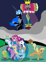 Size: 990x1320 | Tagged: safe, artist:philith, applejack, fluttershy, nightmare moon, pinkie pie, princess celestia, princess luna, rainbow dash, rarity, spike, twilight sparkle, g4, katamari damacy, king of all cosmos, mane seven, mane six, parody