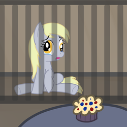 Size: 1000x1000 | Tagged: safe, artist:hip-indeed, derpy hooves, pegasus, pony, g4, cage, cruel and unusual punishment, crying, derpybuse, female, mare, moral event horizon, muffin, muffin denial, prison, pure unfiltered evil, solo