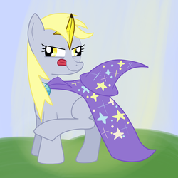 Size: 1000x1000 | Tagged: safe, artist:hip-indeed, derpy hooves, pony, unicorn, g4, asshat, banana, fake horn, female, solo, the great and powerful, trixie's cape, trixie's hat