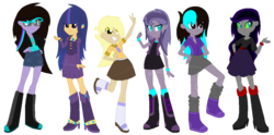 Size: 1024x506 | Tagged: safe, artist:traveleraoi, oc, oc only, oc:bubble turn, oc:lightning blitz, oc:nova star, oc:somber moon, oc:soul chord, equestria girls, g4, alternate universe, base used, base:selenaede