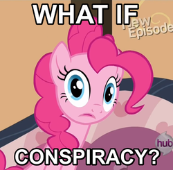 Size: 734x720 | Tagged: safe, pinkie pie, g4, my little pony: friendship is magic, pinkie apple pie, conspiracy, conspiracy keanu, exploitable meme, female, hub logo, image macro, meme, reaction image, solo