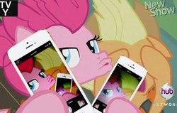 Size: 960x611 | Tagged: safe, edit, applejack, pinkie pie, g4, my little pony: friendship is magic, pinkie apple pie, cellphone, duckface, hub logo, hubble, inception, phone, recursion, selfie, smartphone