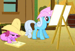 Size: 704x477 | Tagged: safe, screencap, berry punch, berryshine, linky, shoeshine, earth pony, pony, g4, over a barrel, animated, drawing, female, hat, male, pencil