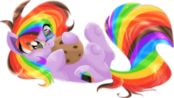 Size: 1578x893 | Tagged: safe, artist:blackfreya, oc, oc only, oc:rainbow screen, earth pony, pony, cookie, cute, eating, food, glasses, multicolored hair, rainbow hair, simple background, solo, transparent background