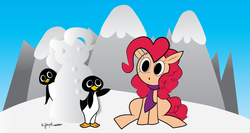 Size: 1024x544 | Tagged: safe, artist:bickcomixx, pinkie pie, bird, earth pony, penguin, pony, g4, mountain, snow, snowpony